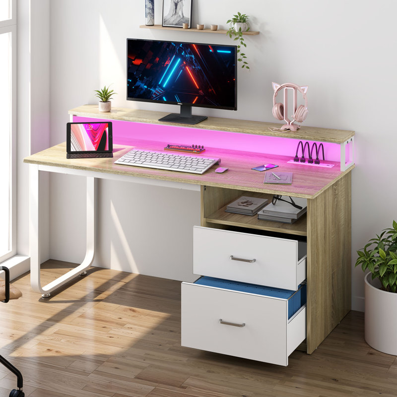 Brooksey 55'' Writing Desk with Charging Station & LED Light, Gray/White