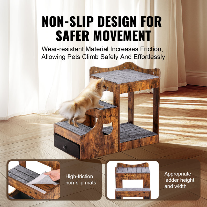 Rustic Brown Wooden Pet Bunk Bed with Storage and Stairs