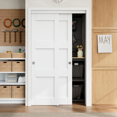 80" White Primed 1-Panel Or 3-Panels Closet Sliding Door With Hardware Kit & Handles