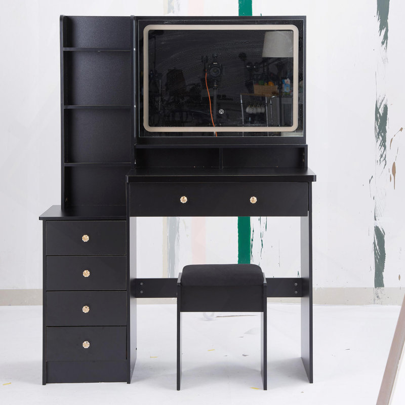 41" Large Size Left Bedside Cabinet Vanity Table, Cushioned Stool, Extra Large Touch Control LED Mirror, 3-Color Switch, Multi Layer High Capacity Storage Fashionable Dresser, Suitable For Large Space