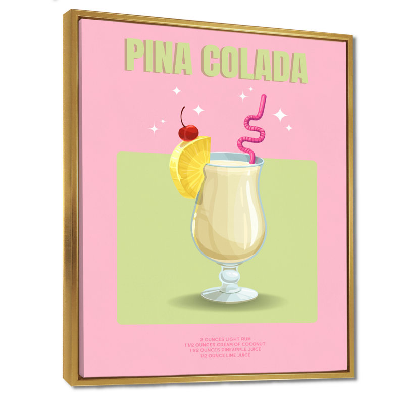 Porto Rico Pina Colada Cocktail II - Art mural cocktails, Toile avec cadre flottant or, H 32 po x l 24 po x P 1 po