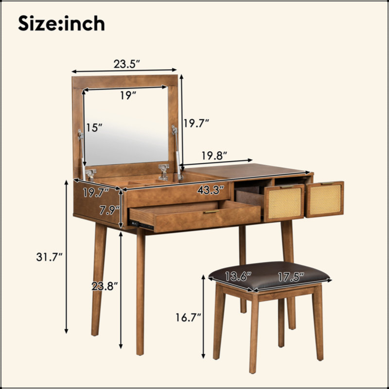 43.3" Classic Wood Makeup Vanity Set With Flip-Top Mirror And Stool, Dressing Table With Three Drawers And Storage Space, Brown