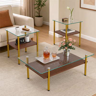 Ensemble de 3 tables basses et tables de bout en verre trempé transparent avec tablettes de rangement en bois et pieds en métal doré faciles à assembler pour le salon et les petits espaces