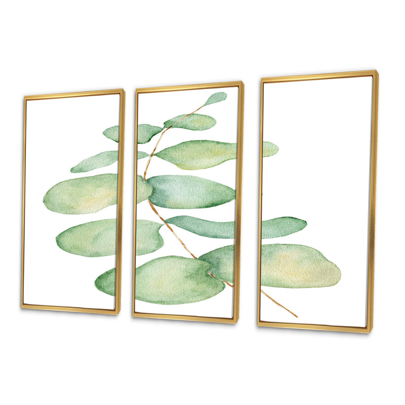 «Eucalyptus Branch on White III», reproduction de cadre flottant sur toile 3 pièces, H 28 po x l 36 po x P 1 po, Or
