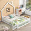 Lit plateforme double en bois massif de style maison avec garde-corps de sécurité, sans sommier tapissier, finition blanche