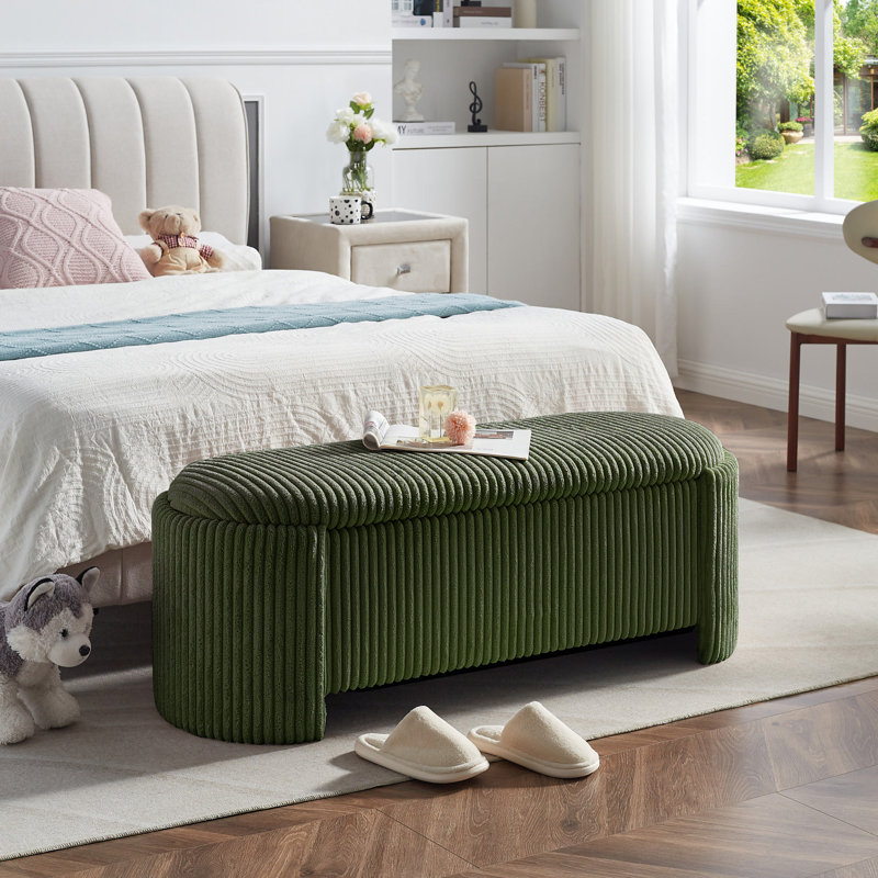 Green Corduroy Upholstered Storage Bench with Solid Wood Frame