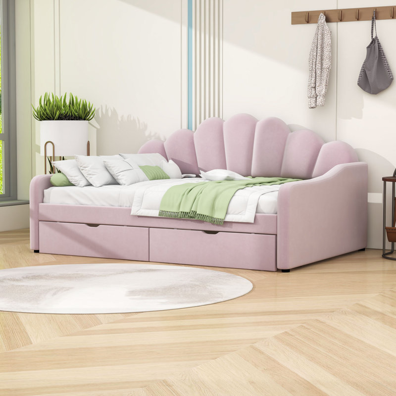 Full 2 Drawers Upholstered Daybed with Elegant Curved Arms, Pink