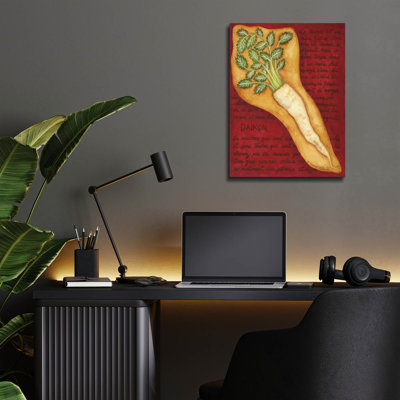 «Veggies On Red L Daikon» par Andrea Strongwater, art mural en verre acrylique