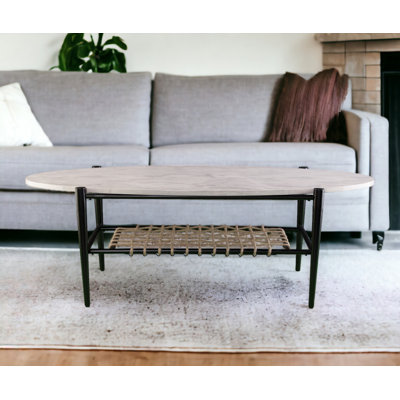 Table basse ovale en corde de métal et de faux marbre noir et blanc 52 po Sebouh