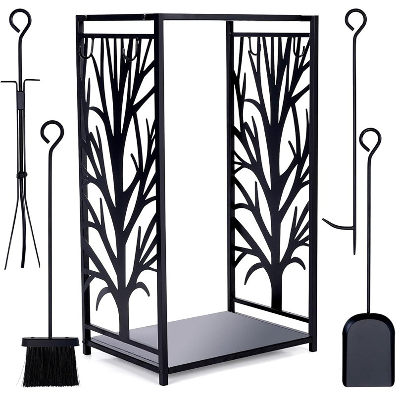 Ensemble de rangement porte-bûches pour bois de chauffage avec 4 outils: brosse, pelle, tisonnier et pinces, support à bois décoratif et facile à utiliser