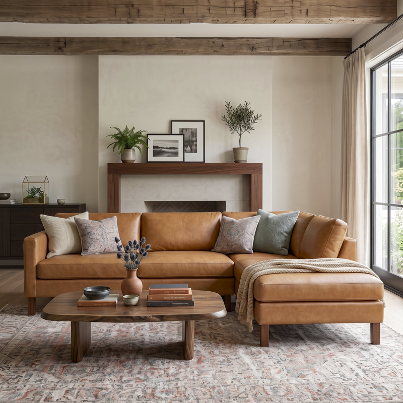 Thibodeau Genuine Leather L-Shaped Sectional Sofa, Cognac, Right Hand Facing
