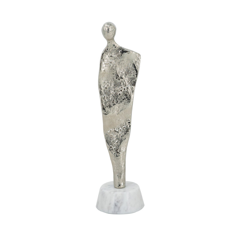 Figurine humaine abstraite en aluminium sur socle en marbre 3 po x 3 po x 12 po argent / blanc
