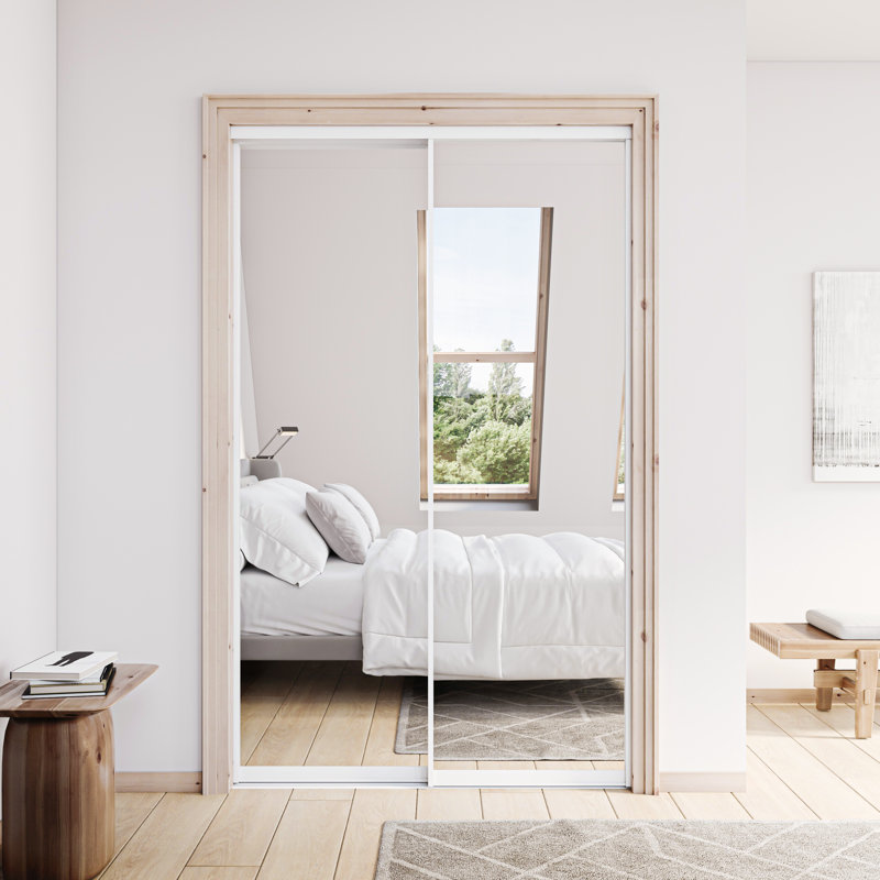 80"H Aluminum Frame 1 Lite Tempered Mirrored Sliding Closet Doors with Installation Hardware Kit, 48" x 80"