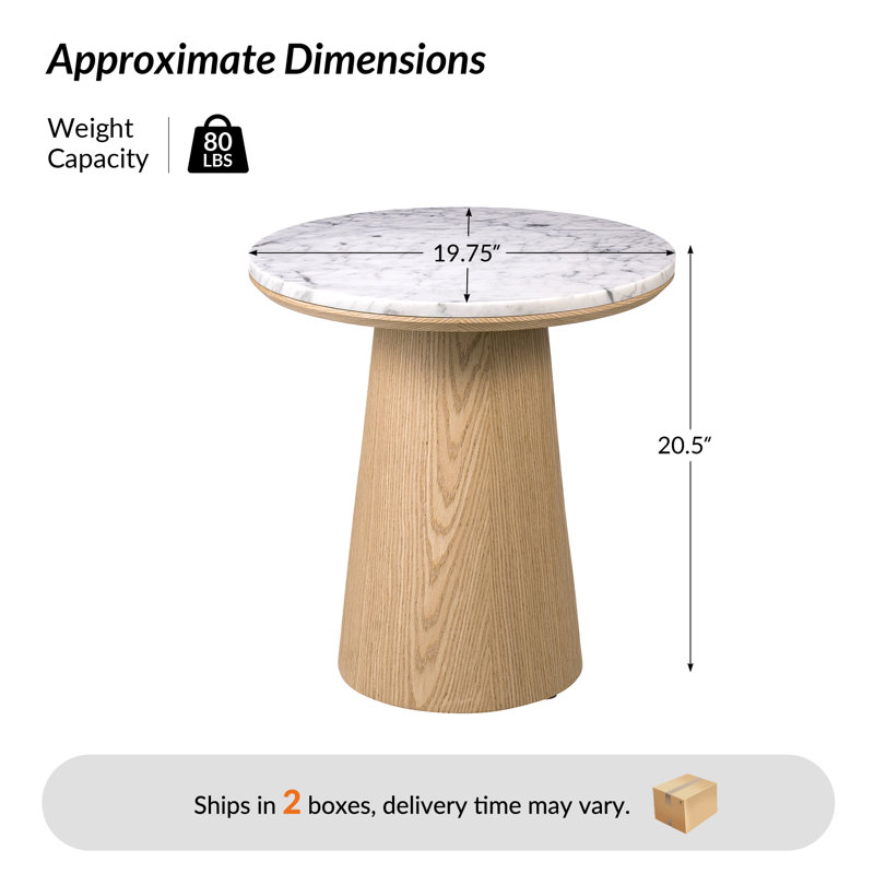 Myconos Modern Round End Table with Genuine Marble Top, Oak
