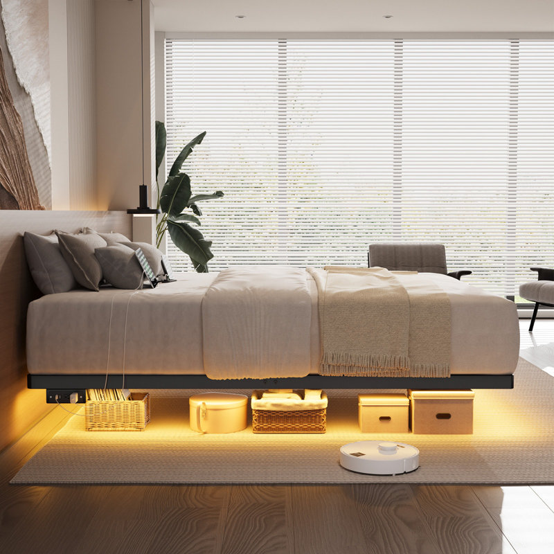 Floating Bed Frame with LED Lights Metal Slats Underbed Storage Space No Box Spring, Queen