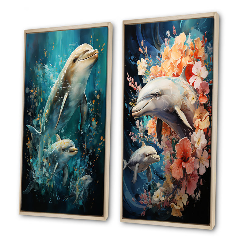 «Dolphin Aquatic Harmony» - ensemble de 2 reproductions d'art mural, Encadrement brun, H 28 po x l 25 po