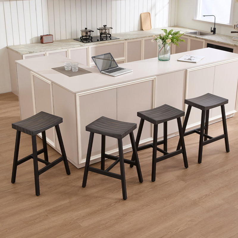 Solid Wood Bar Stool Without Backrest, Saddle Stool With Footrest Seat Height 26'', Ash Gray, 4