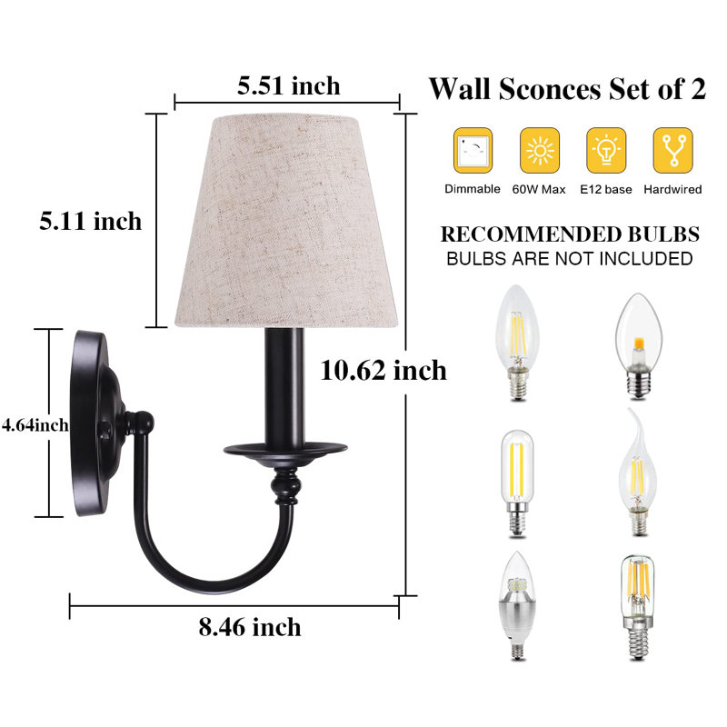 Ensemble de deux appliques murales noires, appliques murales modernes à bougie, éclairage industriel avec abat-jour en tissu, lampes de chevet