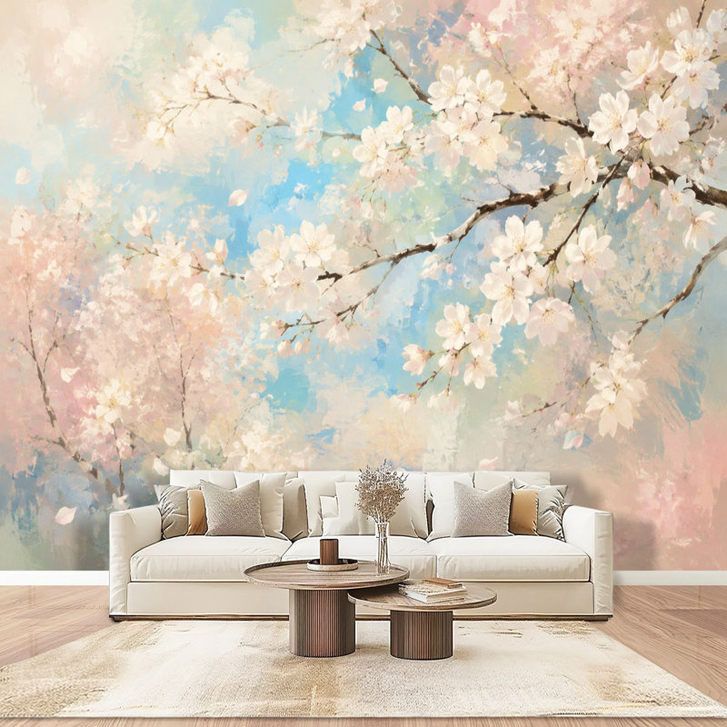 Peler et coller papier peint adhésif délicat cerisier en fleurs branches pastel peinture abstraite art mural auto-adhésif et amovible