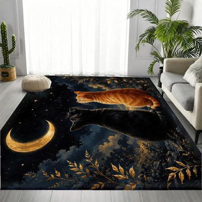 Tapis d'intérieur à motif de chats, lune et étoiles sous le ciel nocturne, motif animalier artistique, lavable en machine et antidérapant, décoration élégante pour salon, chambre, entrée, cuisine, balcon, appartement