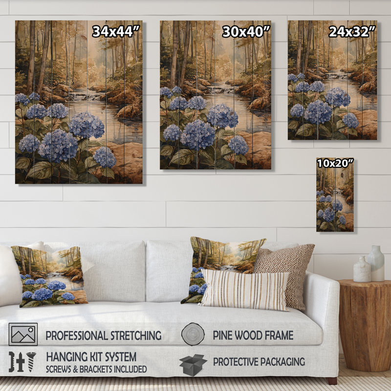 Hydrangées par la rivière Forest III - décoration murale en bois d'hortensias - sur bois de pin naturel