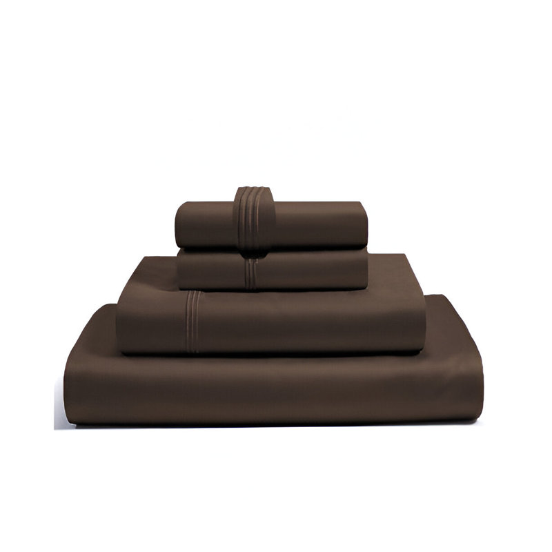 400TC Luxurious Triple Embroidery Sateen Solid Cotton 4 Piece Sheet Set Fitted Sheet Fits Upto 16" Deep Pocket, Chocolate