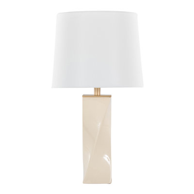 Lampe de table contemporaine carrée en céramique crème de 27 po avec accents en métal doré et abat-jour en lin blanc