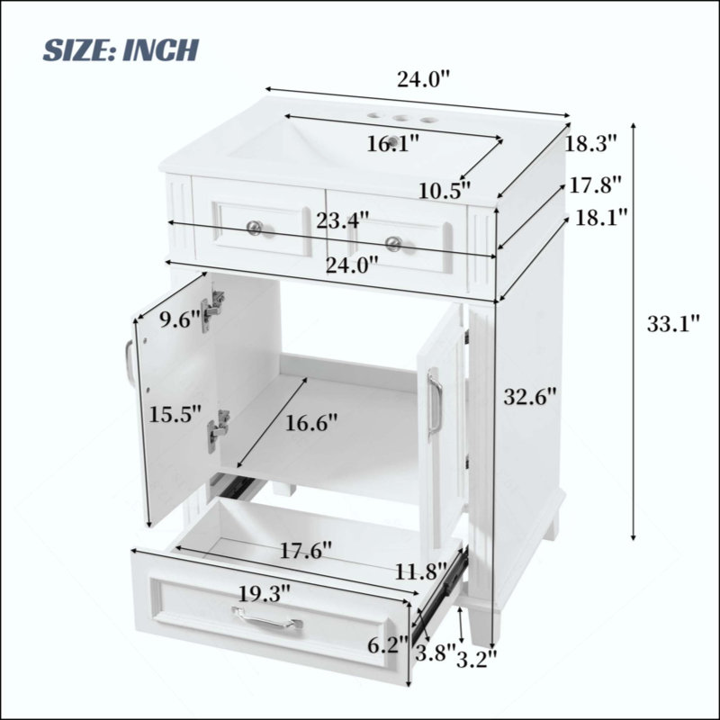Meuble-lavabo de salle de bain avec lavabo en céramique, armoire de rangement en bois massif avec portes à fermeture douce, style rétro (robinet non inclus)