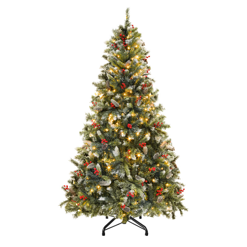 Arbre de Noël artificiel pré-décoré 6 pi / 7,5 pi / 9 pi avec pointes givrées, lumières pré-installées, pommes de pin et baies