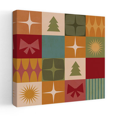 Motif de Noël Mid-Century abstrait géométrique coloré arbre de Noël paysage d'hiver, impression d'art mural