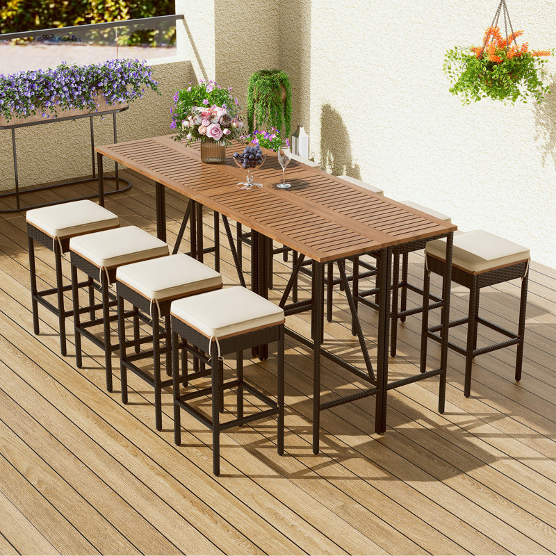 Ensemble de table d'extérieur 10 pièces avec coussins, plateau de table pliable et tabourets