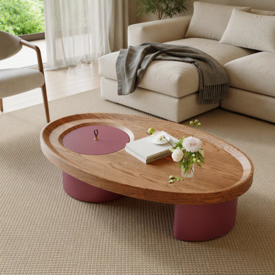 45.3" Oval Wood Coffee Table With Storage, Walnut Top With Red Legs, Mid-Century Modern Living Room Center Table, Farmhouse Accent Furniture For Large Spaces, Easy Assembly