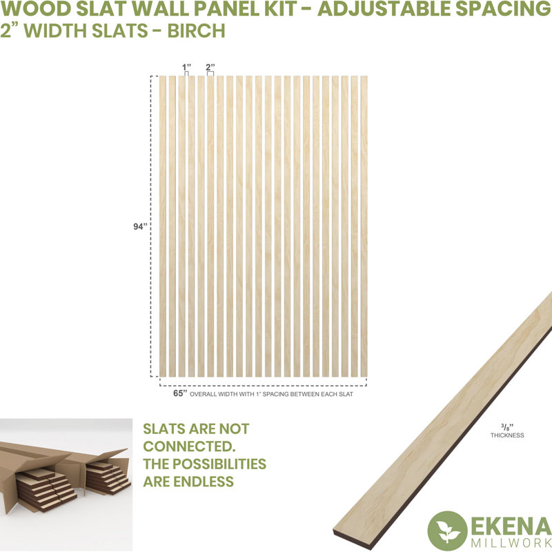 Adjustable Wood Slat Wall Panel Kit, Birch, 2"W x 94"H x 0.375"T