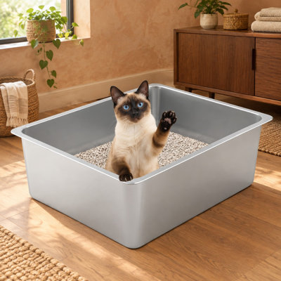 Large high-sided stainless steel litter pan for indoor cats, kittens, and rabbits, featuring a solid rustproof metal build, an odor-free non-stick surface, and an easy-clean design.