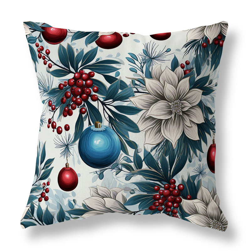 Coussin Festive Flurries, H 16 po x l 16 po, Floral rouge / bleu