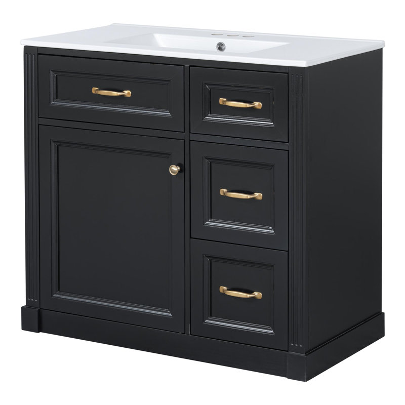 Meuble-lavabo 36 po avec lavabo et rangement, Noir, Doré