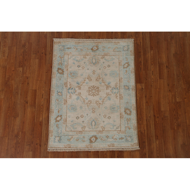 Tapis beige en laine noué à la main de conception unique 3 pi x 3 pi 11 po New Age