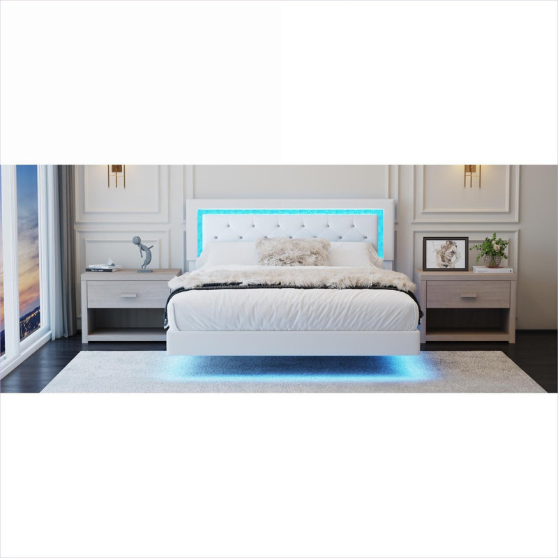 Structure de lit plateforme tapissier grand format avec tête de lit capitonnée et lumières DEL personnalisables en lin beige
