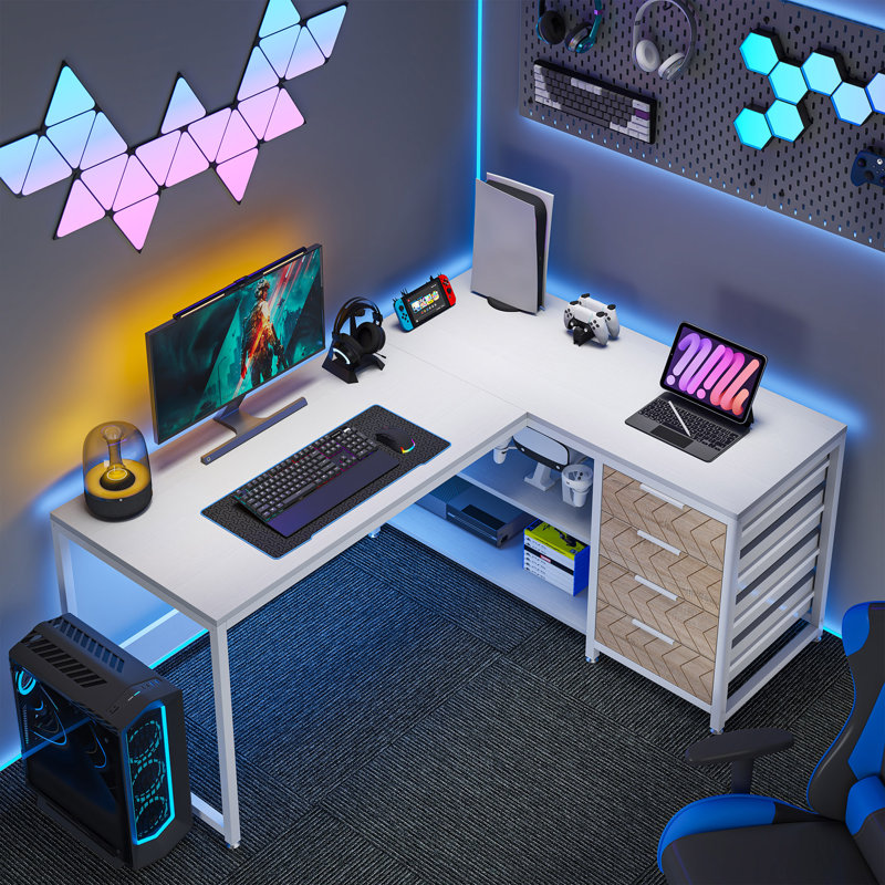 L-Shaped Computer Desk, White/Beige