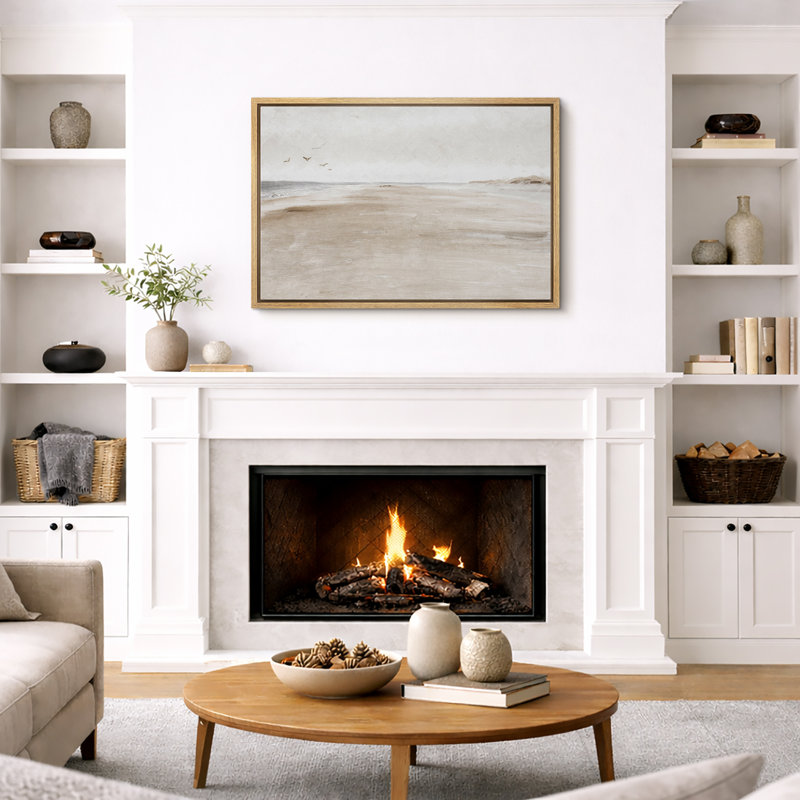 Minimal Landscape "Coastal Sandy Beach Seascape Artwork, Abstract Minimalist Neutral Decor Wall Pictures, Large Framed Canvas Giclee Print Wall Art"