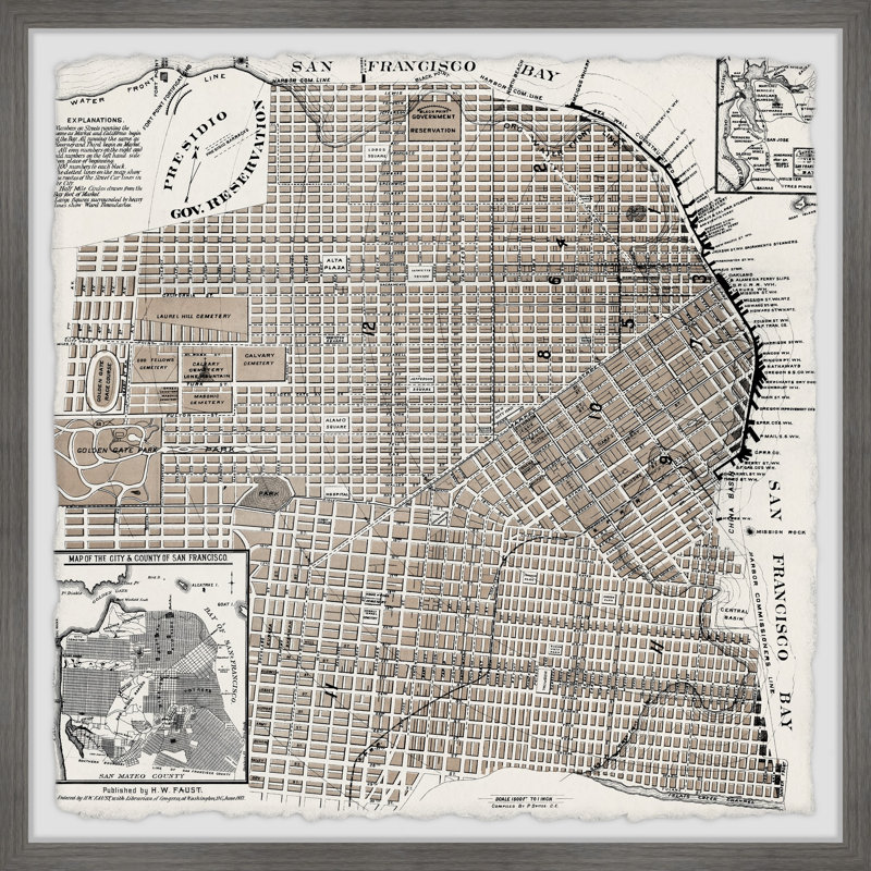 Carte rétro de San Francisco, impression encadrée sur papier, H 12 po x l 12 po x P 1,5 po