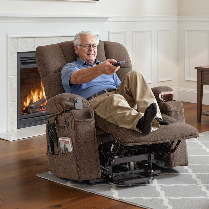 Power Lift Recliner Chair, Dual Motor, Large Electric Lift Chair with Heat and Massage for Elderly, Infinite Position Adjustment, Velvet Fabric, with Side and Front Pockets, Cup Holders, Brown