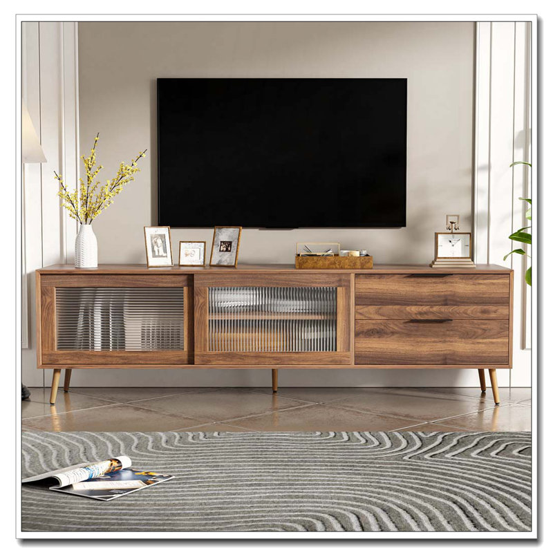 Console télé avec 2 portes en verre, 2 tiroirs et armoire de rangement, tablette média 70 po