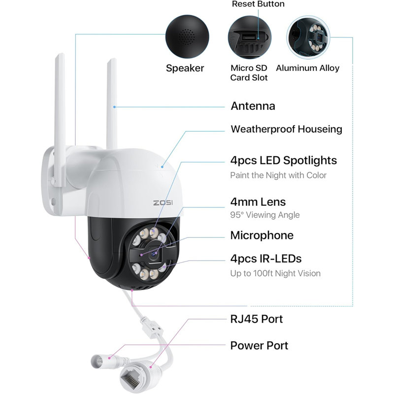 Caméra IP de sécurité C289 WIFI 355 ° C PTZ extérieur de 355 ° C, détection de véhicule par l'intelligence artificielle, audio bidirectionnel