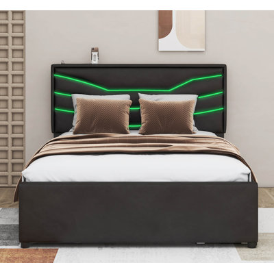 Byrle Queen Size Upholstered Storage Platform Bed with LED & USB Charging -  Brayden Studio®, 92EDFE4D00C4476DB31AD076E0C4DD80
