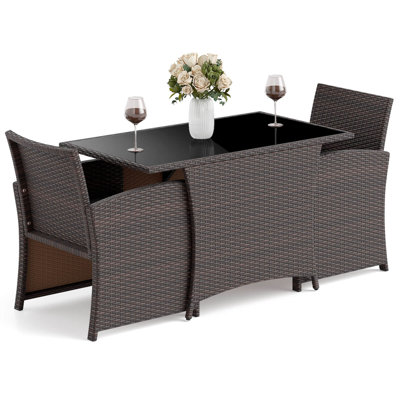 3 Pcs Wicker Bistro Set Balcony Furniture Set With Tempered Glass Dining Table