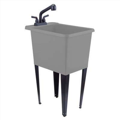 Tehila Space Saver Freestanding Grey Utility Sink with Black Pull-Out Faucet