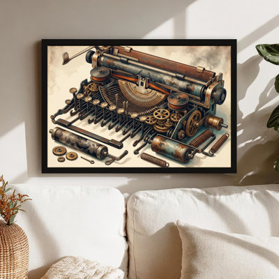 Art mural sur toile noir encadré pour le salon, la chambre à coucher, le bureau ou le vestibule - décoration murale décorative avec machine à écrire Steampunk