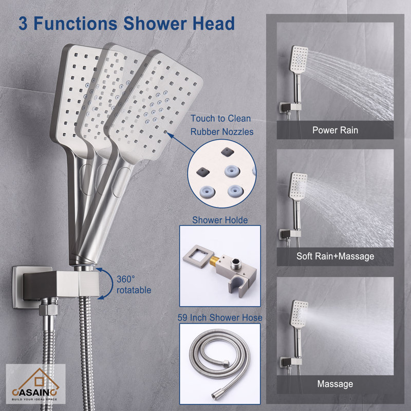 Brushed Nickel Ceiling Mounted Rain Shower System with Handheld