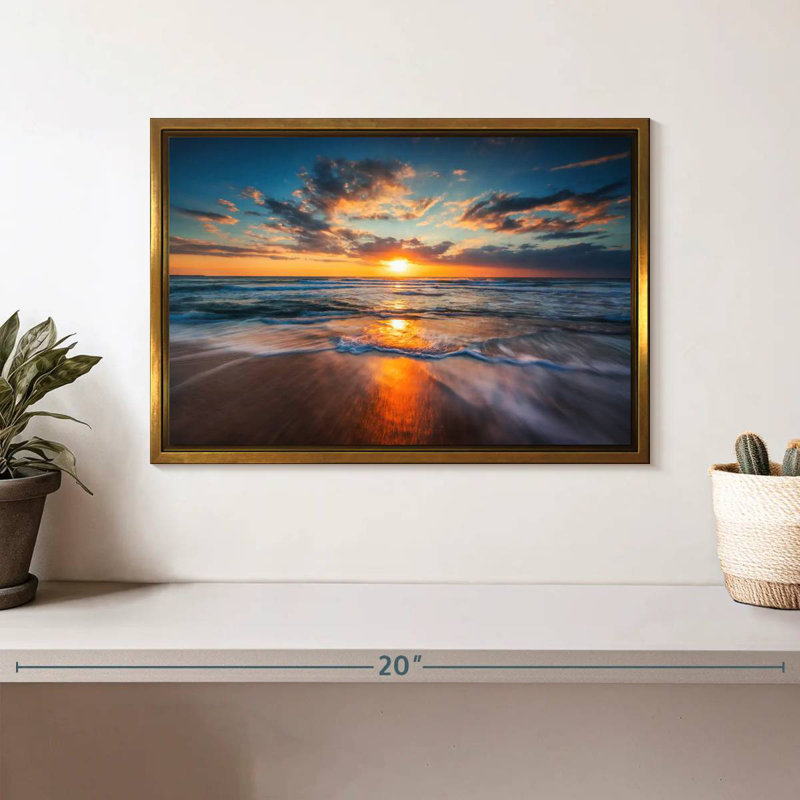 Été, océan, lever de soleil, Cadre flottant doré, 13 po x 9 po
